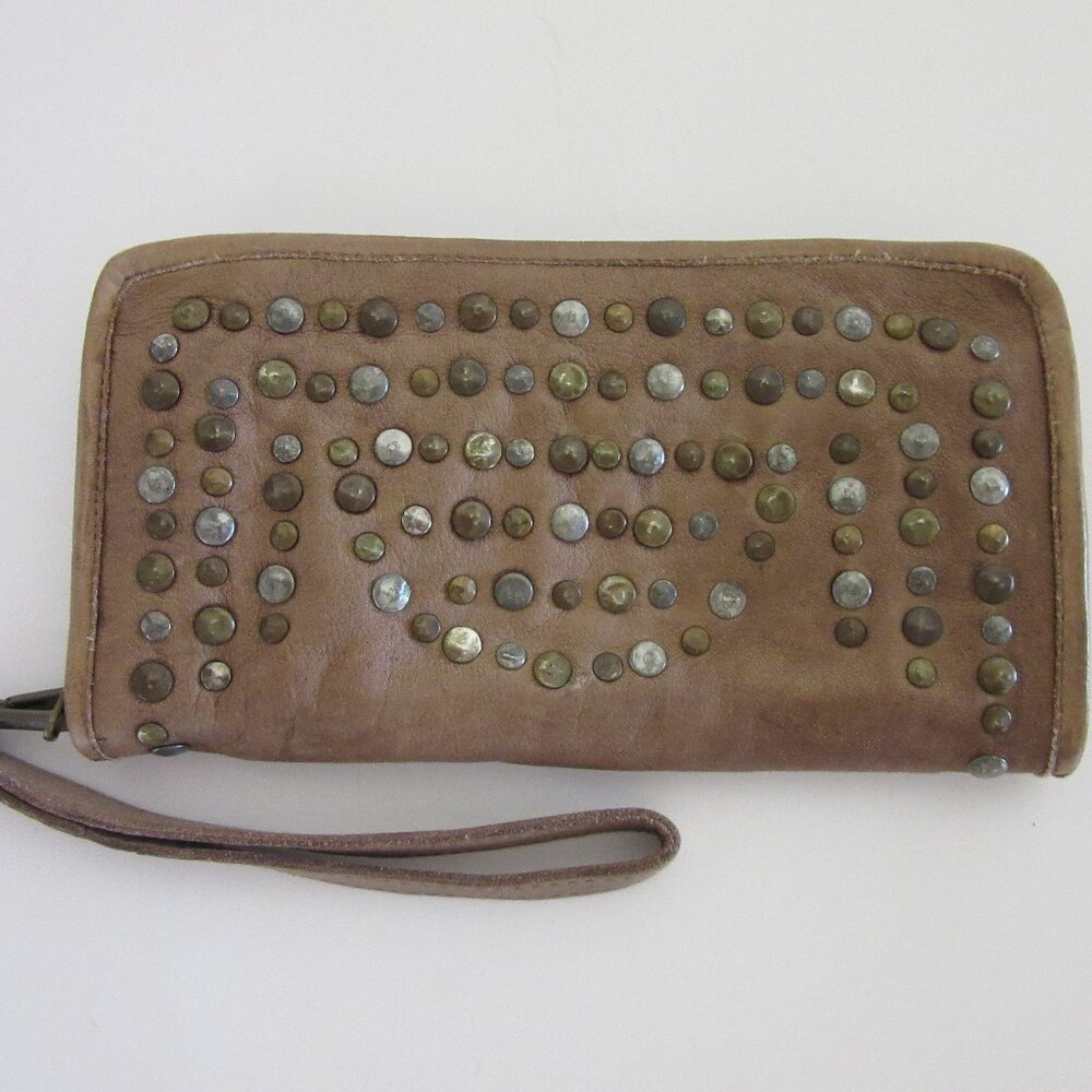 VIOLA CASTELLANI Brown Leather Studded Clutch Credit Card Wallet Italy